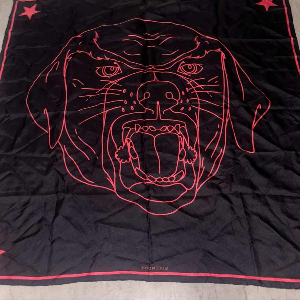 Givenchy Black Red Rottweiler Printed Silk Scarf 34”by 34”